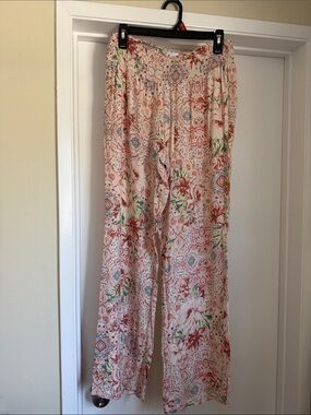 O'Neill Cream Floral Wide-Leg Pants with Coral and Green Print